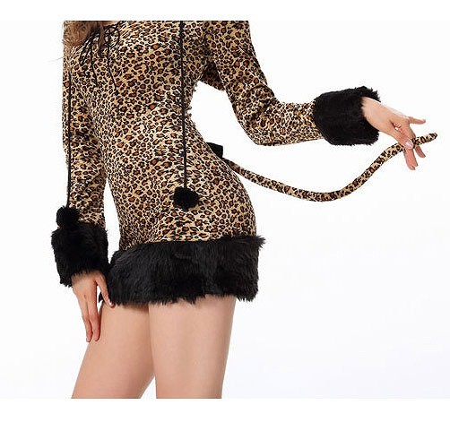 レディース　コスチューム　アニマルワンピ　豹　ヒョウ　猫　キャット　ネコ耳　レオパード　動物　セクシー　フリーサイズ　本格派　リアルデザイン　公演　演劇　お化け　ハロウィン　コスプレ　衣装　イベント　パーティ　仮装　ブラウン　送料無料