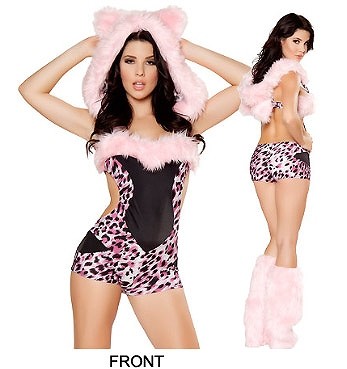 レディース　コスチューム　アニマルスーツ　豹　ヒョウ　猫　キャット　ネコ耳　レオパード　動物　セクシー　フリーサイズ　本格派　リアルデザイン　公演　演劇　お化け　ハロウィン　コスプレ　衣装　イベント　パーティ　仮装　ピンク×ブラック　送料無料