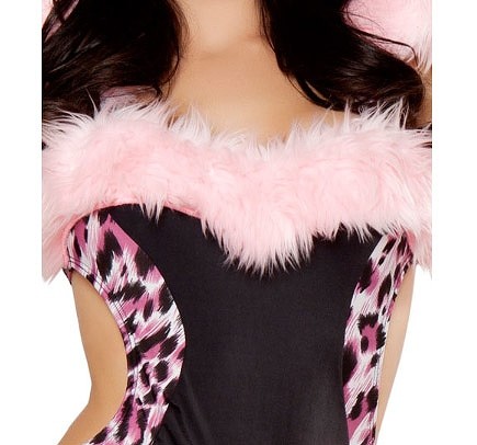 レディース　コスチューム　アニマルスーツ　豹　ヒョウ　猫　キャット　ネコ耳　レオパード　動物　セクシー　フリーサイズ　本格派　リアルデザイン　公演　演劇　お化け　ハロウィン　コスプレ　衣装　イベント　パーティ　仮装　ピンク×ブラック　送料無料