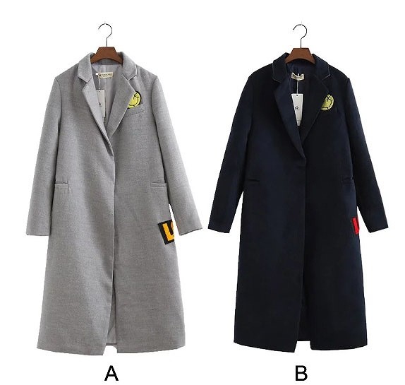 レディース　アウター　ロングコート　ゆったり　ワッペン　長袖　大きいサイズ　シンプル　無地　ウール　カジュアル　大人可愛い　フェミニン　ビジネス　通勤　OL　オフィス　学生　デート　お出かけ　デイリー　グレー　ブラック　送料無料