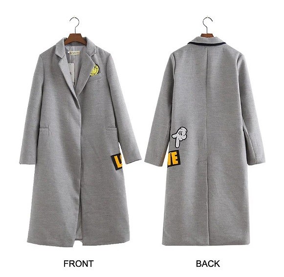 レディース　アウター　ロングコート　ゆったり　ワッペン　長袖　大きいサイズ　シンプル　無地　ウール　カジュアル　大人可愛い　フェミニン　ビジネス　通勤　OL　オフィス　学生　デート　お出かけ　デイリー　グレー　ブラック　送料無料