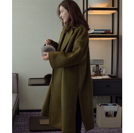レディース　アウター　ロングコート　ビッグラペル　ゆったり　長袖　大きいサイズ　シンプル　無地　ウール　カジュアル　大人可愛い　フェミニン　ビジネス　通勤　OL　オフィス　学生　デート　お出かけ　デイリー　カーキ　送料無料