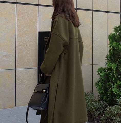 レディース　アウター　ロングコート　ビッグラペル　ゆったり　長袖　大きいサイズ　シンプル　無地　ウール　カジュアル　大人可愛い　フェミニン　ビジネス　通勤　OL　オフィス　学生　デート　お出かけ　デイリー　カーキ　送料無料