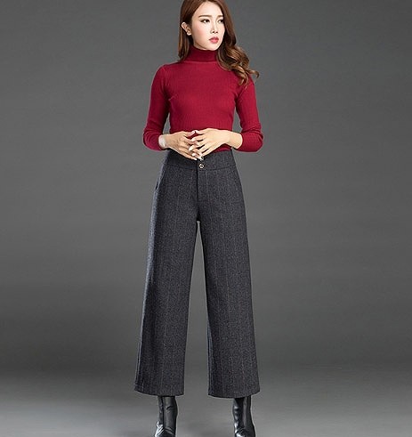 レディース　ボトムス　ストレートパンツ　ワイドパンツ　ストライプ　あたたか　ウール　秋冬　シンプル　大きいサイズ　カジュアル　大人可愛い　定番　ベーシック　シック　通勤　OL　学生　デート　お出かけ　デイリー　普段着　チャコール　グレー　カーキ　送料無料