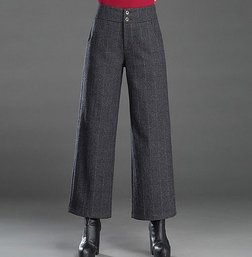 レディース　ボトムス　ストレートパンツ　ワイドパンツ　ストライプ　あたたか　ウール　秋冬　シンプル　大きいサイズ　カジュアル　大人可愛い　定番　ベーシック　シック　通勤　OL　学生　デート　お出かけ　デイリー　普段着　チャコール　グレー　カーキ　送料無料