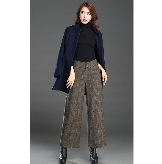 レディース　ボトムス　ストレートパンツ　ワイドパンツ　ストライプ　あたたか　ウール　秋冬　シンプル　大きいサイズ　カジュアル　大人可愛い　定番　ベーシック　シック　通勤　OL　学生　デート　お出かけ　デイリー　普段着　チャコール　グレー　カーキ　送料無料