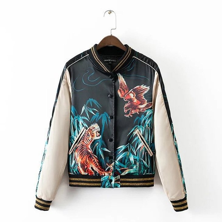 レディース　ライトアウター　スカジャン　ノーカラージャケット　長袖　虎　鷹　タイガー　イーグル　カジュアル　大人可愛い　ストリート系　ヒップホップ　ダンス　スポーツ　野球　ジョギング　デート　お出かけ　デイリー　ブラック　ネイビー　送料無料