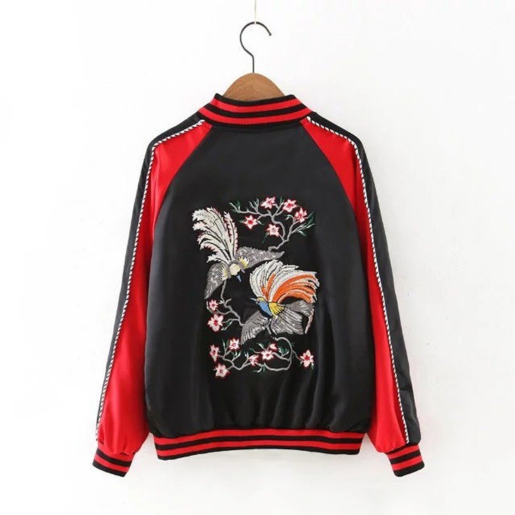 レディース　ライトアウター　スカジャン　ノーカラージャケット　長袖　刺繍　カジュアル　大人可愛い　ストリート系　ヒップホップ　ダンス　スポーツ　ジョギング　野球　デート　お出かけ　デイリー　ブラック×レッド　ピンク×グレー　送料無料