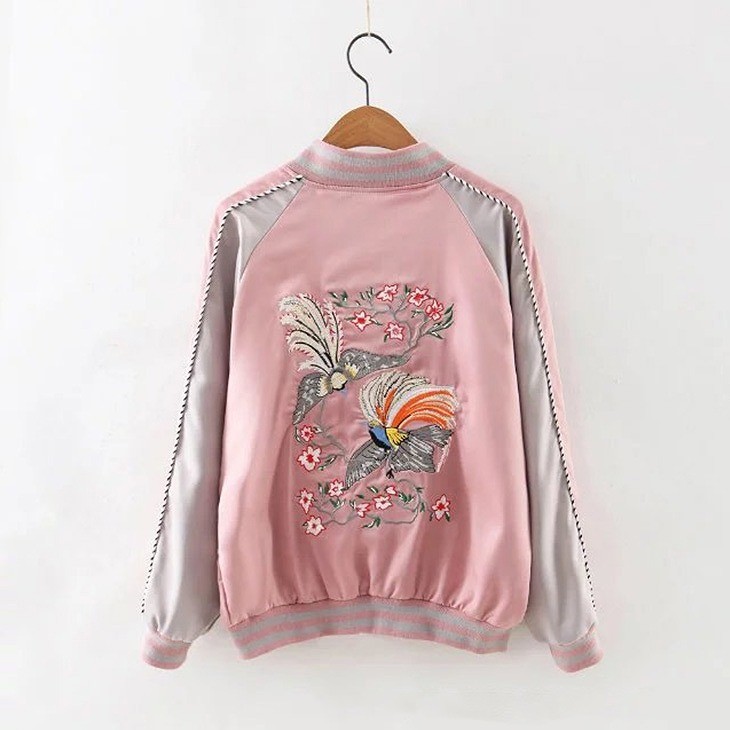 レディース　ライトアウター　スカジャン　ノーカラージャケット　長袖　刺繍　カジュアル　大人可愛い　ストリート系　ヒップホップ　ダンス　スポーツ　ジョギング　野球　デート　お出かけ　デイリー　ブラック×レッド　ピンク×グレー　送料無料