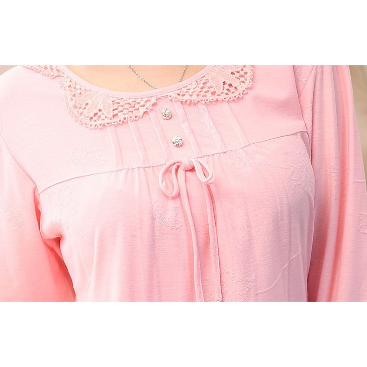 レディース　パジャマ　ナイトウェア　無地　リボン　ラウンドネック　長袖　シンプル　カジュアル　大きいサイズ　フェミニン　大人可愛い　リラックス　ルームウェア　ラフスタイル　ローズ　ピンク　送料無料