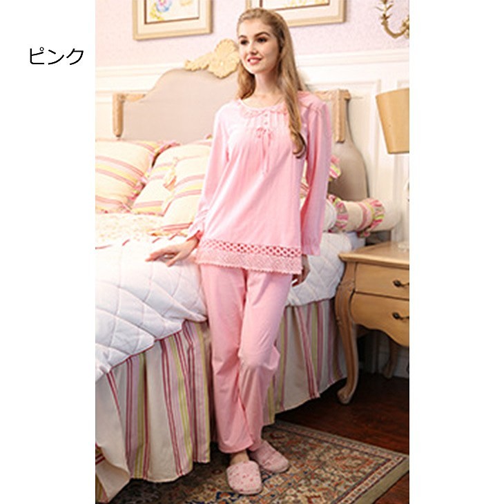 レディース　パジャマ　ナイトウェア　無地　リボン　ラウンドネック　長袖　シンプル　カジュアル　大きいサイズ　フェミニン　大人可愛い　リラックス　ルームウェア　ラフスタイル　ローズ　ピンク　送料無料