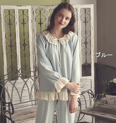レディース　パジャマ　ナイトウェア　ゆったり　フリル　無地　ラウンドネック　長袖　シンプル　カジュアル　フェミニン　大人可愛い　リラックス　ルームウェア　ラフスタイル　ブルー　ピンク　送料無料