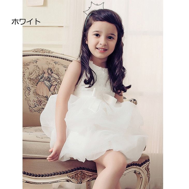 キッズ　ジュニア　子供服　ミニドレス　ワンピース　バルーン　リボン　ノースリーブ　無地　シフォン　ペチコート付き　フォーマル　かわいい　キュート　パーティ　発表会　七五三　お祝い　誕生日　イベント　結婚式　記念日　セレモニー　ホワイト　ピンク　送料無料