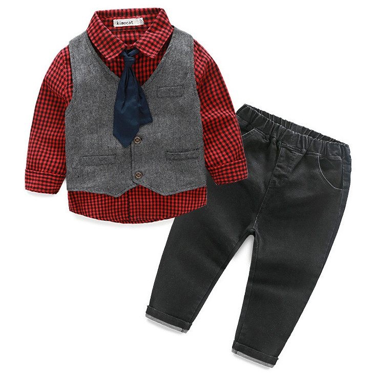 キッズ　ジュニア　子供服　セットアップ　上下セット　長袖シャツ　ベスト　ネクタイ　ボトムス　無地　フォーマル　かわいい　キュート　パーティ　発表会　七五三　お祝い　誕生日　イベント　結婚式　記念日　セレモニー　グレー×レッド　送料無料