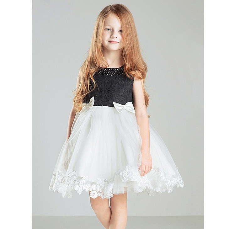 キッズ　ジュニア　子供服　ミニドレス　ワンピース　無地　チュチュ　シフォン　リボン　ノースリーブ　フォーマル　かわいい　キュート　パーティ　発表会　七五三　お祝い　誕生日　イベント　結婚式　フラワーガール　記念日　ブラック×ホワイト　送料無料