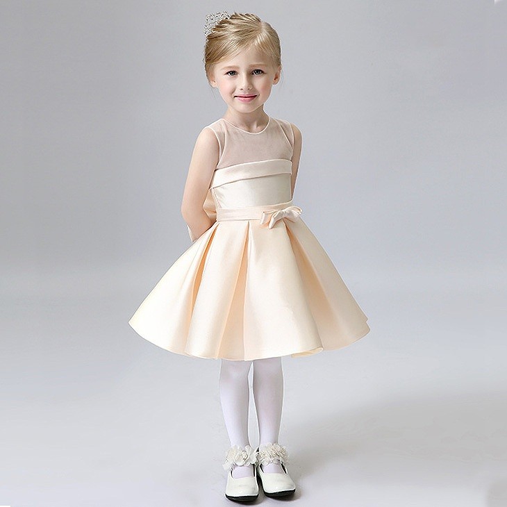 キッズ　ジュニア　子供服　ミニドレス　ワンピース　無地　リボン　ノースリーブ　フォーマル　かわいい　キュート　パーティ　発表会　七五三　お祝い　誕生日　イベント　結婚式　フラワーガール　記念日　クリーム　送料無料