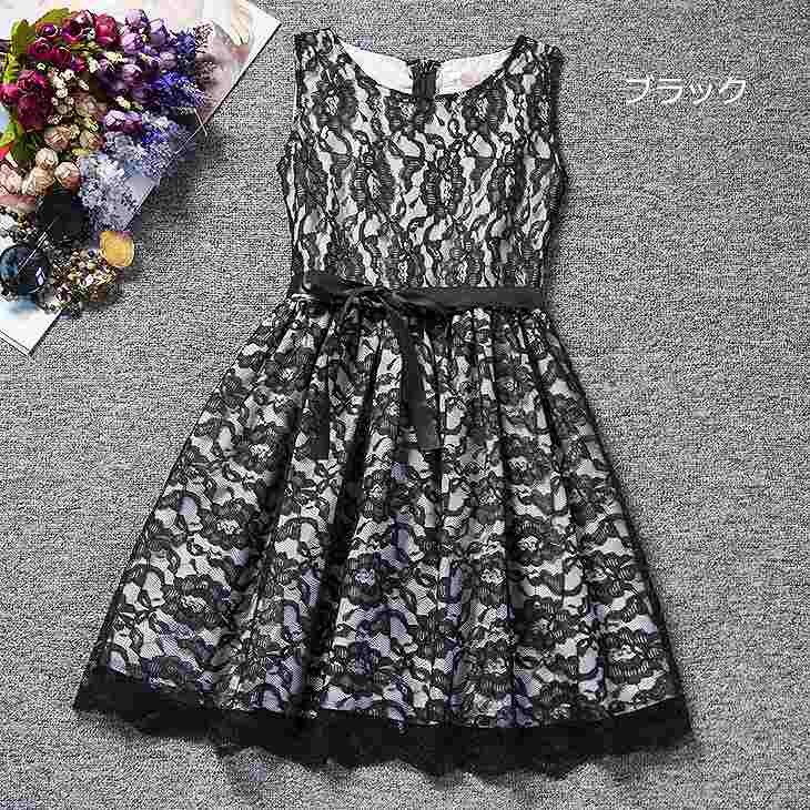 キッズ　ジュニア　子供服　ミニドレス　ワンピース　無地　レース　リボン　ノースリーブ　フォーマル　かわいい　キュート　パーティ　発表会　七五三　お祝い　誕生日　イベント　結婚式　フラワーガール　記念日　ブラック　ベージュ　送料無料