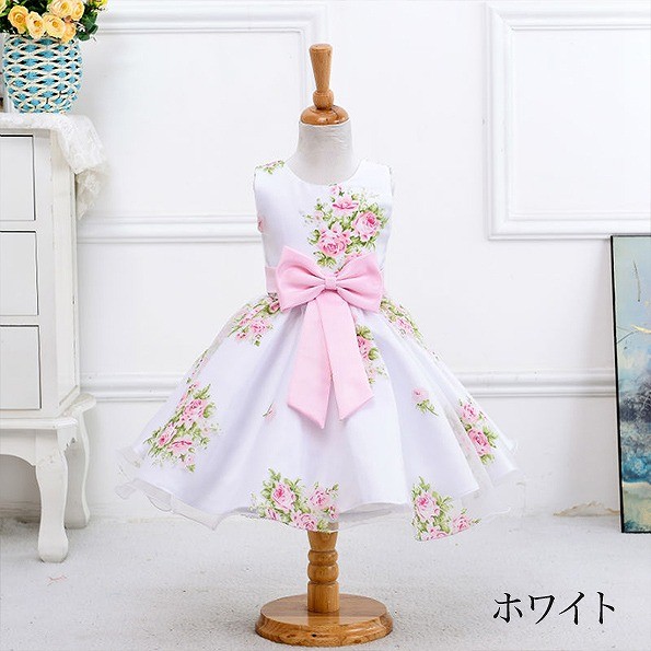 キッズ　ジュニア　子供服　ドレス　ノースリーブ　ワンピース　フラワープリント　パーティー　おしゃれ　かわいい　キュート　リボン　誕生日　イベント　結婚式　ホワイト　グリーン　送料無料