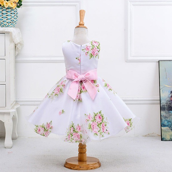キッズ　ジュニア　子供服　ドレス　ノースリーブ　ワンピース　フラワープリント　パーティー　おしゃれ　かわいい　キュート　リボン　誕生日　イベント　結婚式　ホワイト　グリーン　送料無料