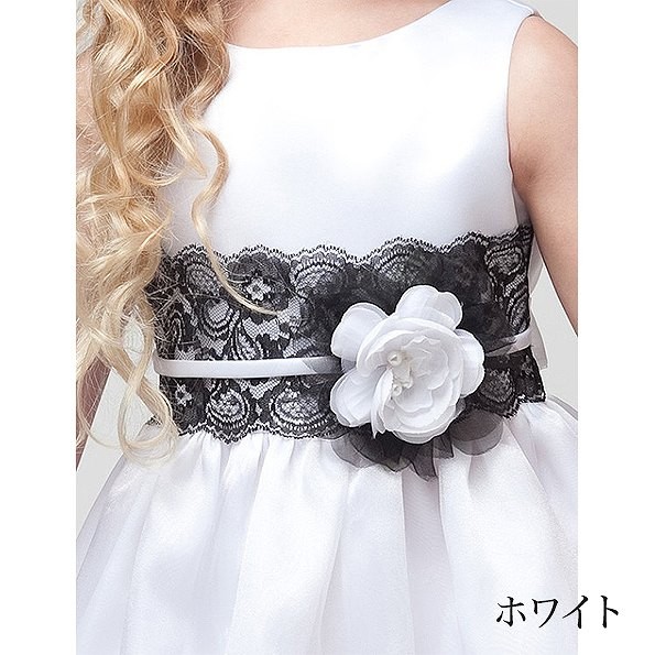 キッズ　ジュニア　子供服　ドレス　ノースリーブ　ワンピース　黒レース　コサージュ　パーティー　おしゃれ　かわいい　キュート　誕生日　イベント　結婚式　ピンク　ホワイト　ブルー　送料無料