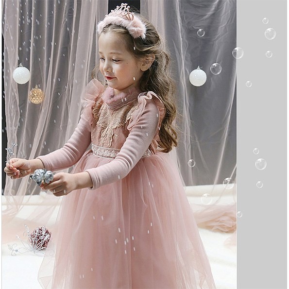 キッズ　ジュニア　子供服　ドレス　長袖　ベロア地　パーティー　おしゃれ　かわいい　キュート　スカート　レース　リボン　誕生日　イベント　結婚式　ピンク　ホワイト　送料無料