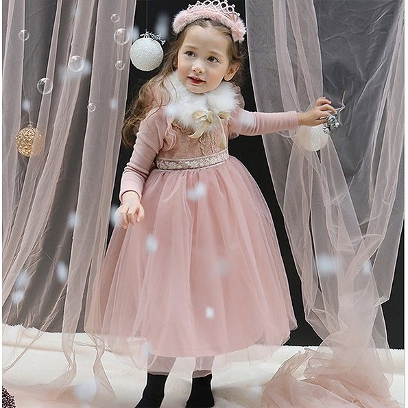 キッズ　ジュニア　子供服　ドレス　長袖　ベロア地　パーティー　おしゃれ　かわいい　キュート　スカート　レース　リボン　誕生日　イベント　結婚式　ピンク　ホワイト　送料無料