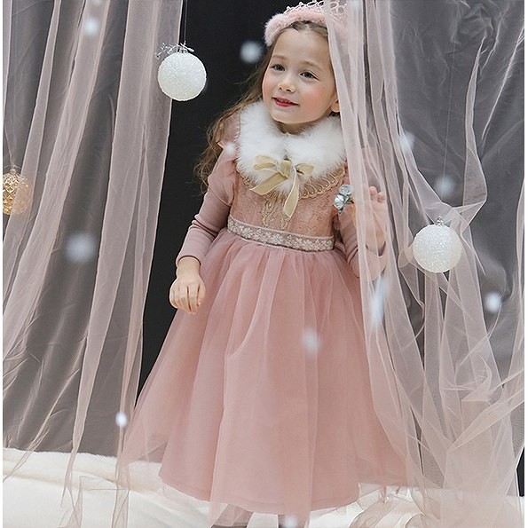 キッズ　ジュニア　子供服　ドレス　長袖　ベロア地　パーティー　おしゃれ　かわいい　キュート　スカート　レース　リボン　誕生日　イベント　結婚式　ピンク　ホワイト　送料無料