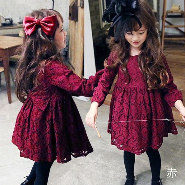 キッズ　ジュニア　子供服　ドレス　ワンピース　パーティー　おしゃれ　かわいい　キュート　スカート　長袖　フリル　レース　リボン　誕生日　イベント　結婚式　レッド　赤　送料無料
