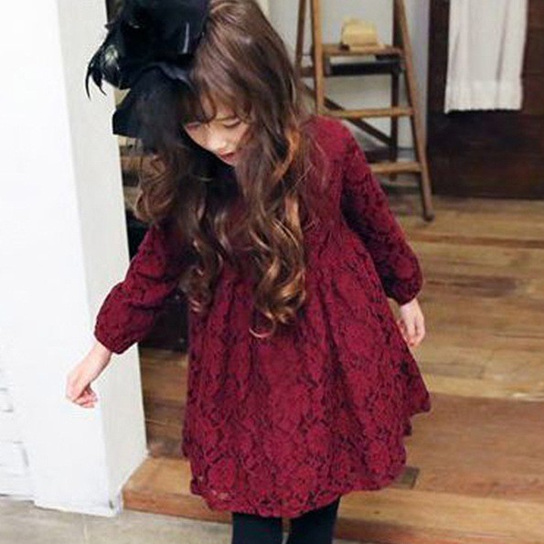 キッズ　ジュニア　子供服　ドレス　ワンピース　パーティー　おしゃれ　かわいい　キュート　スカート　長袖　フリル　レース　リボン　誕生日　イベント　結婚式　レッド　赤　送料無料