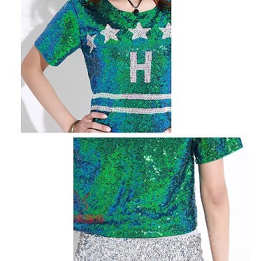 レディース　トップス　スパンコール　Tシャツ　カットソー　ショートＴ　半袖　ロゴ　ラウンドネック　カジュアル　フリーサイズ　ダンス　ヒップホップ　チアリーディング　ステージ　発表会　レッド　グレー　グリーン　ブルー　送料無料