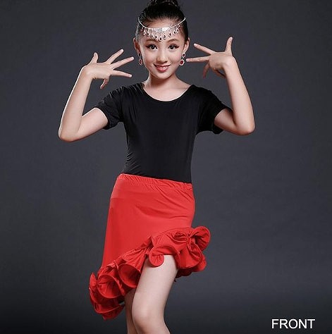 キッズ　ジュニア　子供服　競技ドレス　ワンピース　無地　半袖　膝上丈　タンゴ　ダンス　発表会　バレエ　ラテンダンス　社交ダンス　ステージ　フィギュアスケート　ブラック×レッド　送料無料