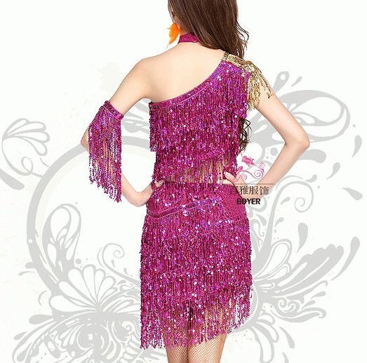レディース　競技ドレス　ツーピース　無地　ワンショルダー　トップス　膝上丈　スカート　スパンコール　フリンジ　フリーサイズ　ダンス　発表会　ラテンダンス　サルサ　タンゴ　社交ダンス　ステージ　フィギュアスケート　パープル　イエロー　送料無料