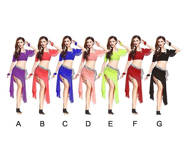 レディース　競技ドレス　ツーピース　無地　半袖トップス　膝上丈　スカート　フリーサイズ　発表会　ベリーダンス　ラテンダンス　サルサ　タンゴ　社交ダンス　フィギュアスケート　パープル　ピンク　ブルー　グリーン　レッド　ブラック　イエロー　送料無料