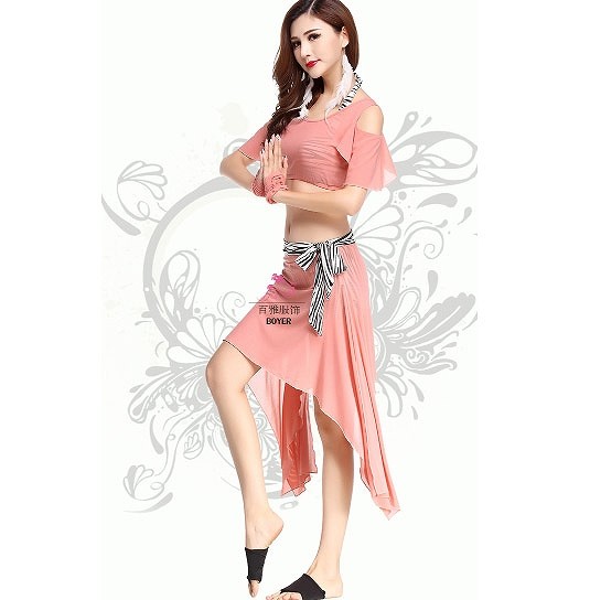 レディース　競技ドレス　ツーピース　無地　半袖トップス　膝上丈　スカート　フリーサイズ　発表会　ベリーダンス　ラテンダンス　サルサ　タンゴ　社交ダンス　フィギュアスケート　パープル　ピンク　ブルー　グリーン　レッド　ブラック　イエロー　送料無料