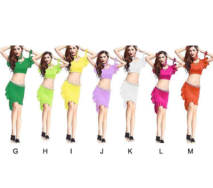 レディース　競技ドレス　ツーピース　無地　半袖トップス　膝上丈　スカート　フリーサイズ　ダンス　発表会　ベリーダンス　社交ダンス　フィギュアスケート　パープル　レッド　ブルー　ピンク　ブラック　グリーン　イエロー　ホワイト　オレンジ　送料無料