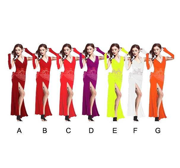 レディース　競技ドレス　ワンピース　無地　Vネック　ロング　フリーサイズ　発表会　ベリーダンス　ラテンダンス　サルサ　タンゴ　社交ダンス　フィギュアスケート　レッド　パープル　イエロー　ホワイト　オレンジ　ブラック　ピンク　グリーン　ブルー　送料無料