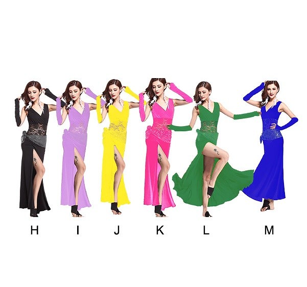 レディース　競技ドレス　ワンピース　無地　Vネック　ロング　フリーサイズ　発表会　ベリーダンス　ラテンダンス　サルサ　タンゴ　社交ダンス　フィギュアスケート　レッド　パープル　イエロー　ホワイト　オレンジ　ブラック　ピンク　グリーン　ブルー　送料無料