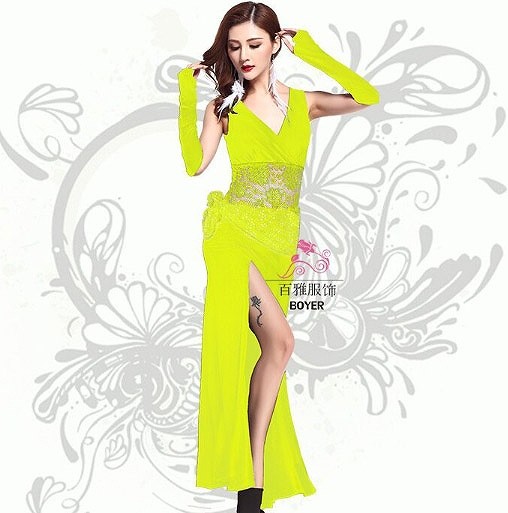 レディース　競技ドレス　ワンピース　無地　Vネック　ロング　フリーサイズ　発表会　ベリーダンス　ラテンダンス　サルサ　タンゴ　社交ダンス　フィギュアスケート　レッド　パープル　イエロー　ホワイト　オレンジ　ブラック　ピンク　グリーン　ブルー　送料無料