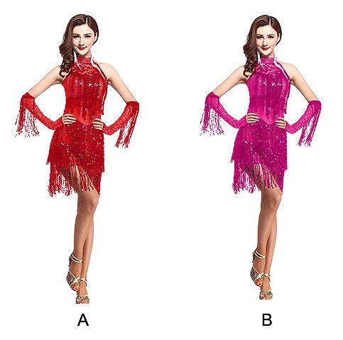 レディース　競技ドレス　ワンピース　無地　ノースリーブ　膝上丈　フリンジ　フリーサイズ　ダンス　発表会　ベリーダンス　ラテンダンス　サルサ　タンゴ　社交ダンス　ステージ　フィギュアスケート　レッド　ピンク　ブラック　イエロー　送料無料