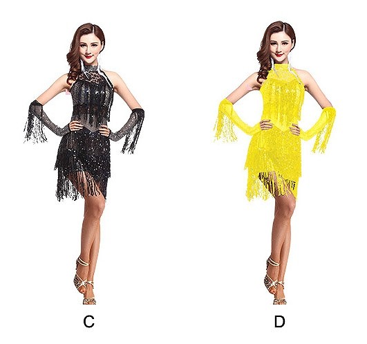 レディース　競技ドレス　ワンピース　無地　ノースリーブ　膝上丈　フリンジ　フリーサイズ　ダンス　発表会　ベリーダンス　ラテンダンス　サルサ　タンゴ　社交ダンス　ステージ　フィギュアスケート　レッド　ピンク　ブラック　イエロー　送料無料