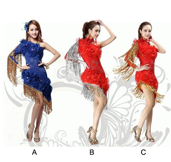 レディース　競技ドレス　ワンピース　無地　ワンショルダー　膝上丈　フリンジ　フリーサイズ　ダンス　発表会　ベリーダンス　ラテンダンス　サルサ　タンゴ　社交ダンス　ステージ　フィギュアスケート　ブルー　レッド　レッド　ピンク　ブラック　送料無料