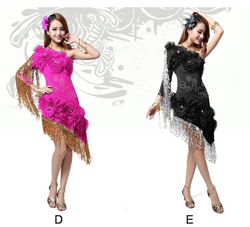 レディース　競技ドレス　ワンピース　無地　ワンショルダー　膝上丈　フリンジ　フリーサイズ　ダンス　発表会　ベリーダンス　ラテンダンス　サルサ　タンゴ　社交ダンス　ステージ　フィギュアスケート　ブルー　レッド　レッド　ピンク　ブラック　送料無料