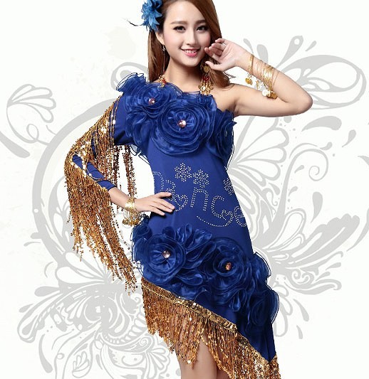 レディース　競技ドレス　ワンピース　無地　ワンショルダー　膝上丈　フリンジ　フリーサイズ　ダンス　発表会　ベリーダンス　ラテンダンス　サルサ　タンゴ　社交ダンス　ステージ　フィギュアスケート　ブルー　レッド　レッド　ピンク　ブラック　送料無料