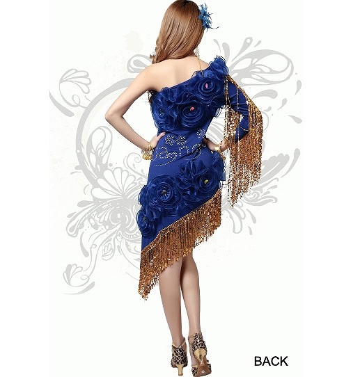 レディース　競技ドレス　ワンピース　無地　ワンショルダー　膝上丈　フリンジ　フリーサイズ　ダンス　発表会　ベリーダンス　ラテンダンス　サルサ　タンゴ　社交ダンス　ステージ　フィギュアスケート　ブルー　レッド　レッド　ピンク　ブラック　送料無料