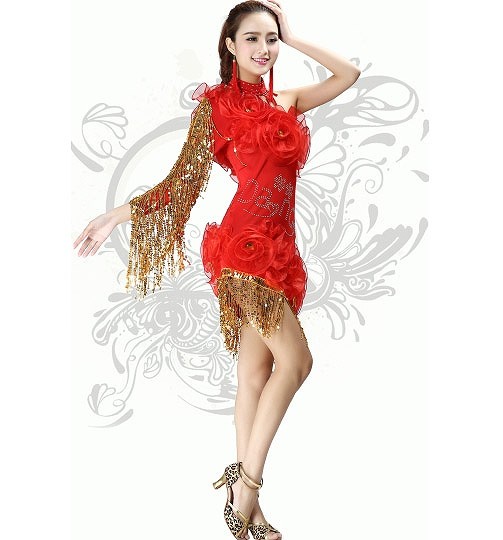 レディース　競技ドレス　ワンピース　無地　ワンショルダー　膝上丈　フリンジ　フリーサイズ　ダンス　発表会　ベリーダンス　ラテンダンス　サルサ　タンゴ　社交ダンス　ステージ　フィギュアスケート　ブルー　レッド　レッド　ピンク　ブラック　送料無料