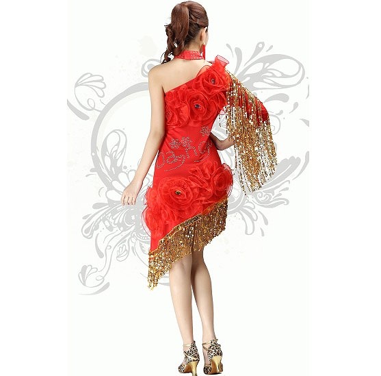 レディース　競技ドレス　ワンピース　無地　ワンショルダー　膝上丈　フリンジ　フリーサイズ　ダンス　発表会　ベリーダンス　ラテンダンス　サルサ　タンゴ　社交ダンス　ステージ　フィギュアスケート　ブルー　レッド　レッド　ピンク　ブラック　送料無料