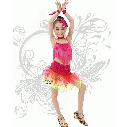 キッズ　ジュニア　子供服　競技ドレス　ツーピース　無地　ノースリーブ　トップス　フリンジ　チュチュ　膝上丈　大きいサイズ　タンゴ　ダンス　発表会　バレエ　ラテンダンス　社交ダンス　ステージ　フィギュアスケート　レッド×ピンク　送料無料