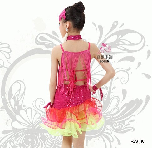 キッズ　ジュニア　子供服　競技ドレス　ツーピース　無地　ノースリーブ　トップス　フリンジ　チュチュ　膝上丈　大きいサイズ　タンゴ　ダンス　発表会　バレエ　ラテンダンス　社交ダンス　ステージ　フィギュアスケート　レッド×ピンク　送料無料