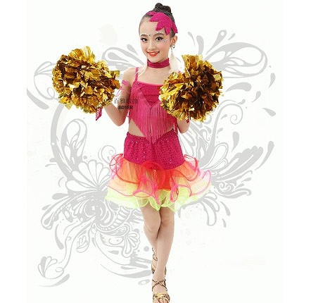 キッズ　ジュニア　子供服　競技ドレス　ツーピース　無地　ノースリーブ　トップス　フリンジ　チュチュ　膝上丈　大きいサイズ　タンゴ　ダンス　発表会　バレエ　ラテンダンス　社交ダンス　ステージ　フィギュアスケート　レッド×ピンク　送料無料