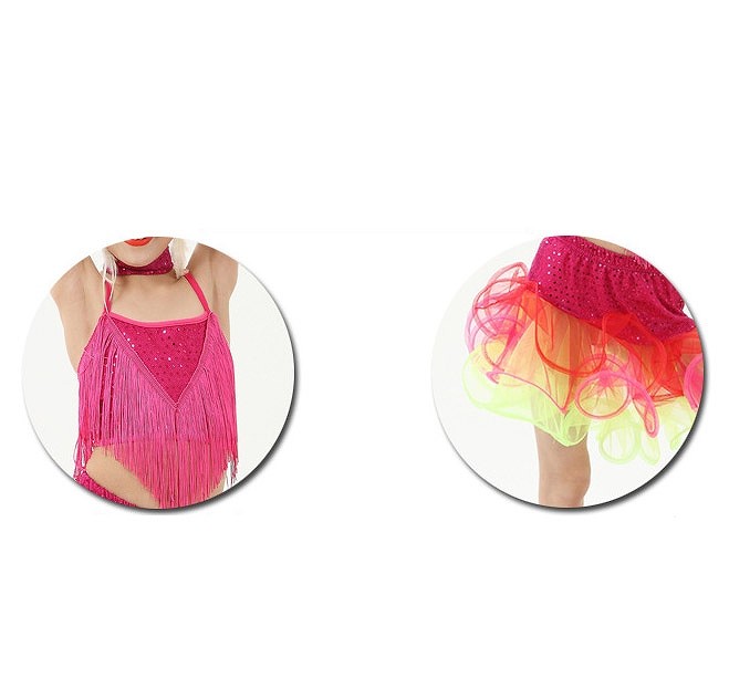 キッズ　ジュニア　子供服　競技ドレス　ツーピース　無地　ノースリーブ　トップス　フリンジ　チュチュ　膝上丈　大きいサイズ　タンゴ　ダンス　発表会　バレエ　ラテンダンス　社交ダンス　ステージ　フィギュアスケート　レッド×ピンク　送料無料